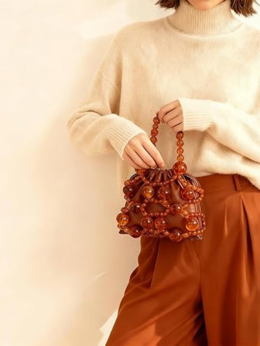 Brown Leather Boho Shoulder Bag Amber Bead Crossbody Mini Handbag